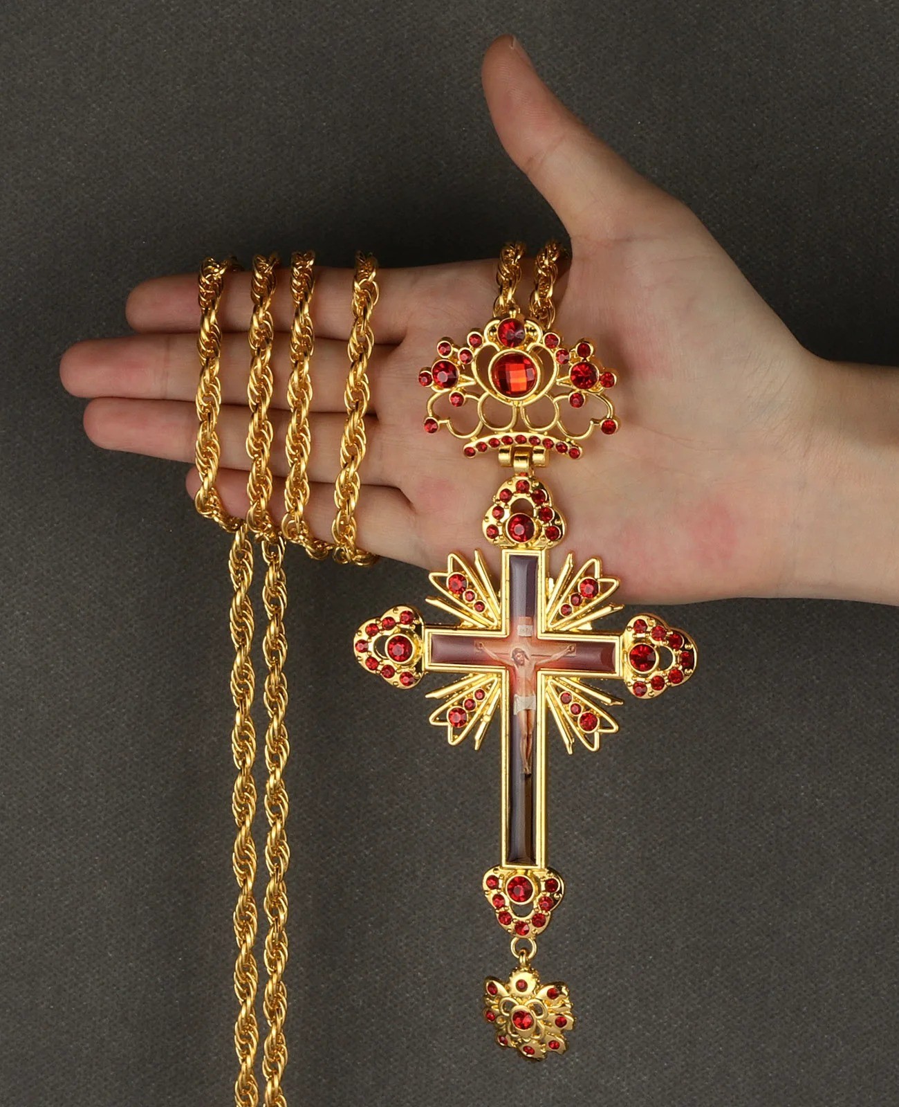 Orthodox Pectoral Cross Crucifix Bishop Necklace Pendant Religious Red Crystal-U