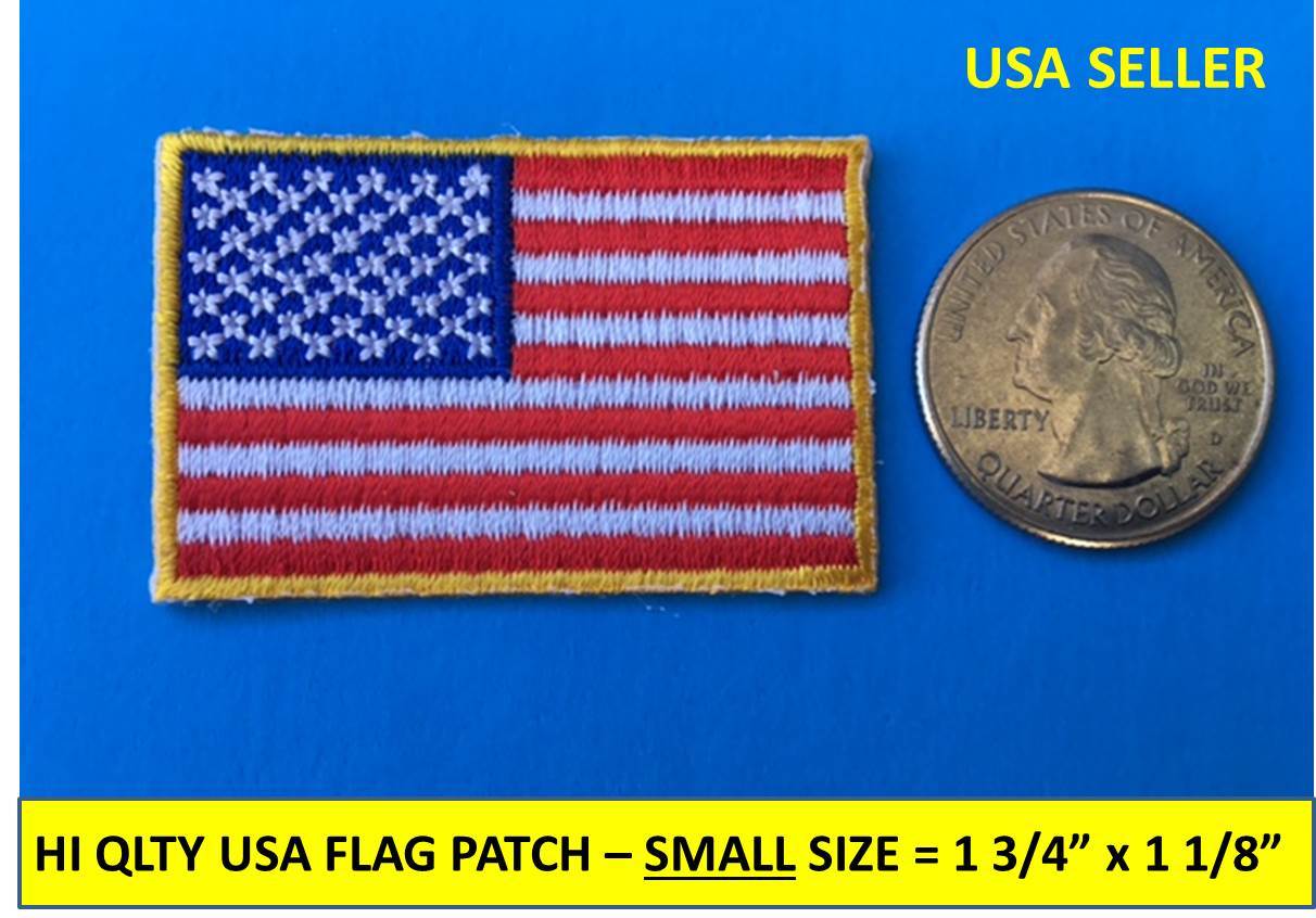 SMALL USA AMERICAN FLAG EMBROIDERED PATCH IRON-ON SEW-ON GOLD BORDER 1¾“ x 1⅛“