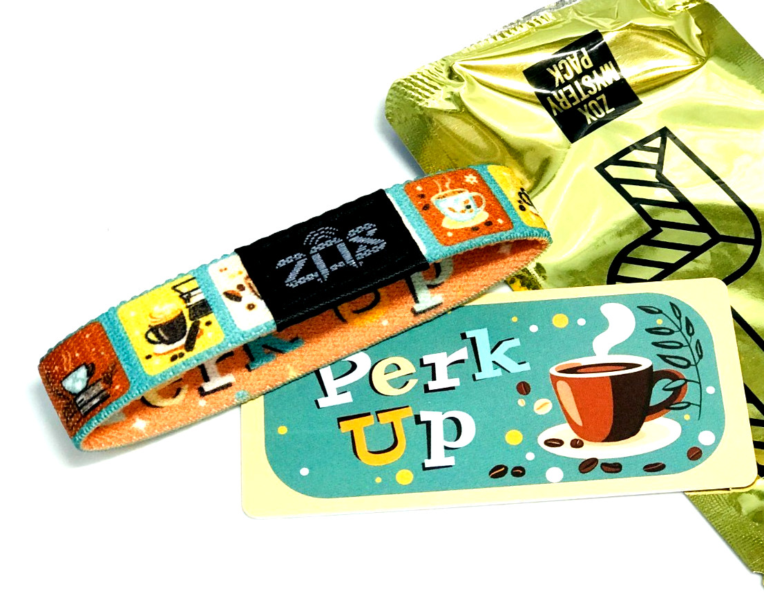 ZOX *PERK UP* Silver Single Small Mys Wristband w/Card COFFEE SERIES