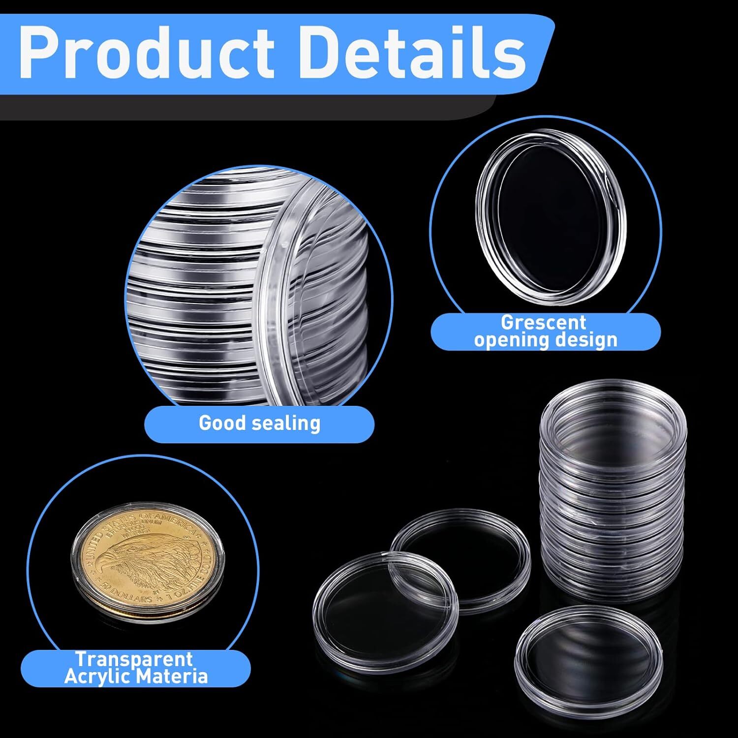 50Pcs Direct Fit Airtight 40.6mm American Silver Eagle 1Oz Coin Holders Capsules