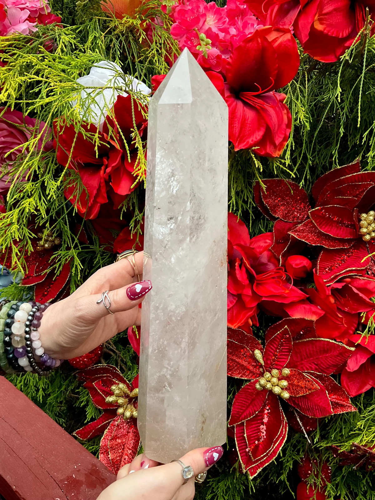 Clear Quartz Crystal Generator ~ Large 7 lb. 9 oz. ~ 14″ Tall ~ Red Phantom Spa