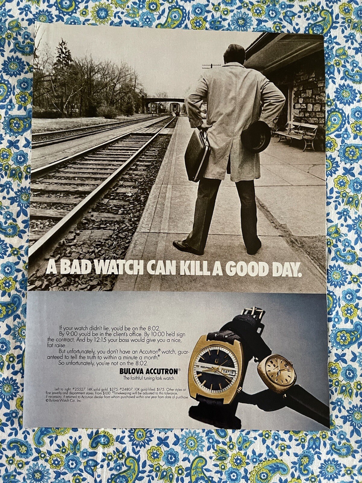 Vintage 1973 Bulova Accutron Print Ad Man Train A Bad Watch Can Kill A Good Day