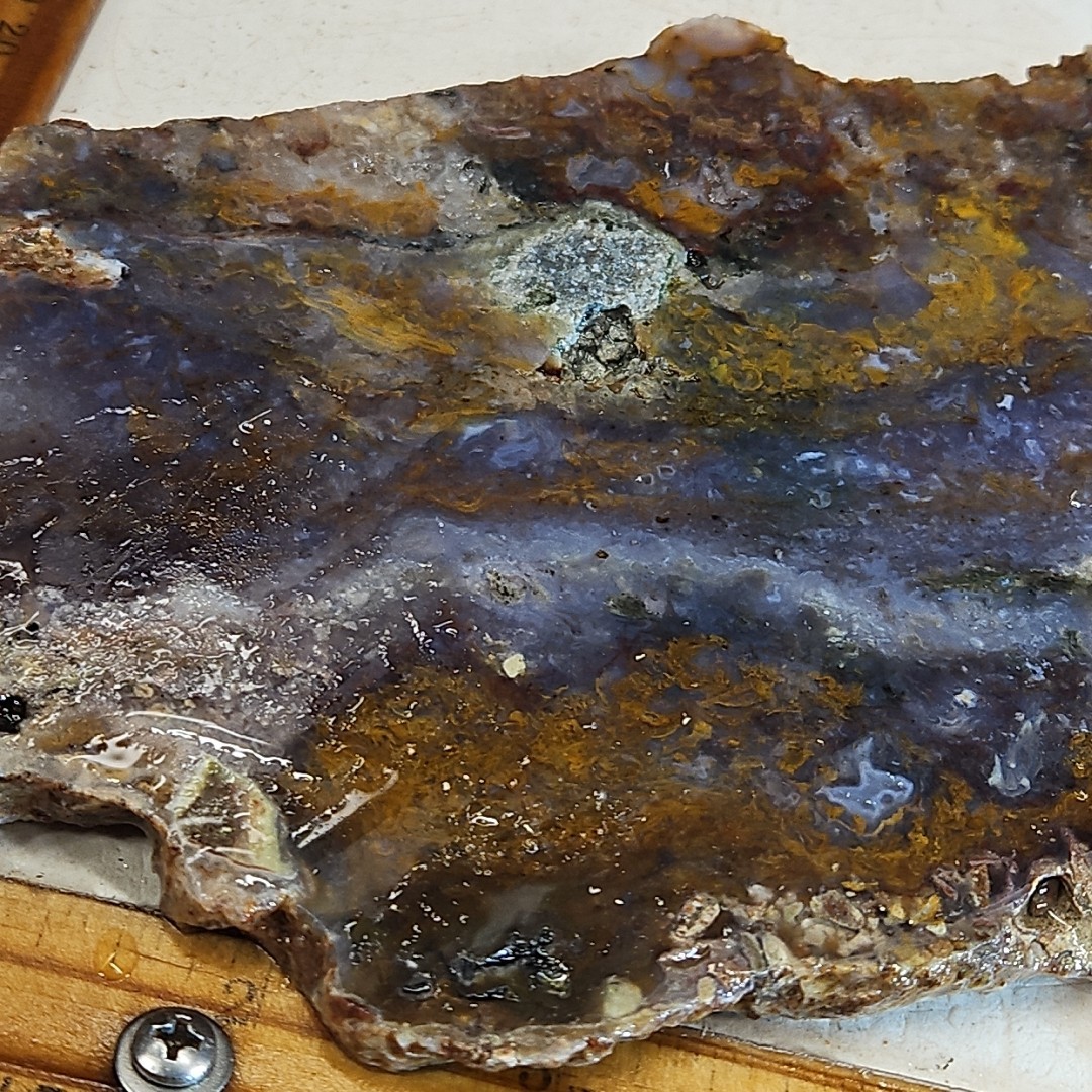 Royal blue agate slab, MX Blue agate golden moss, 7″ x 5″ x 1/4″ 12.0OZ