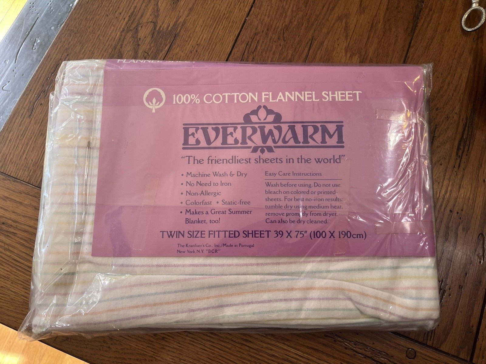 NEW VINTAGE EVERWARM COTTON FLANNEL TWIN FITTED SHEET 39”x75” PASTEL STRIPES NOS