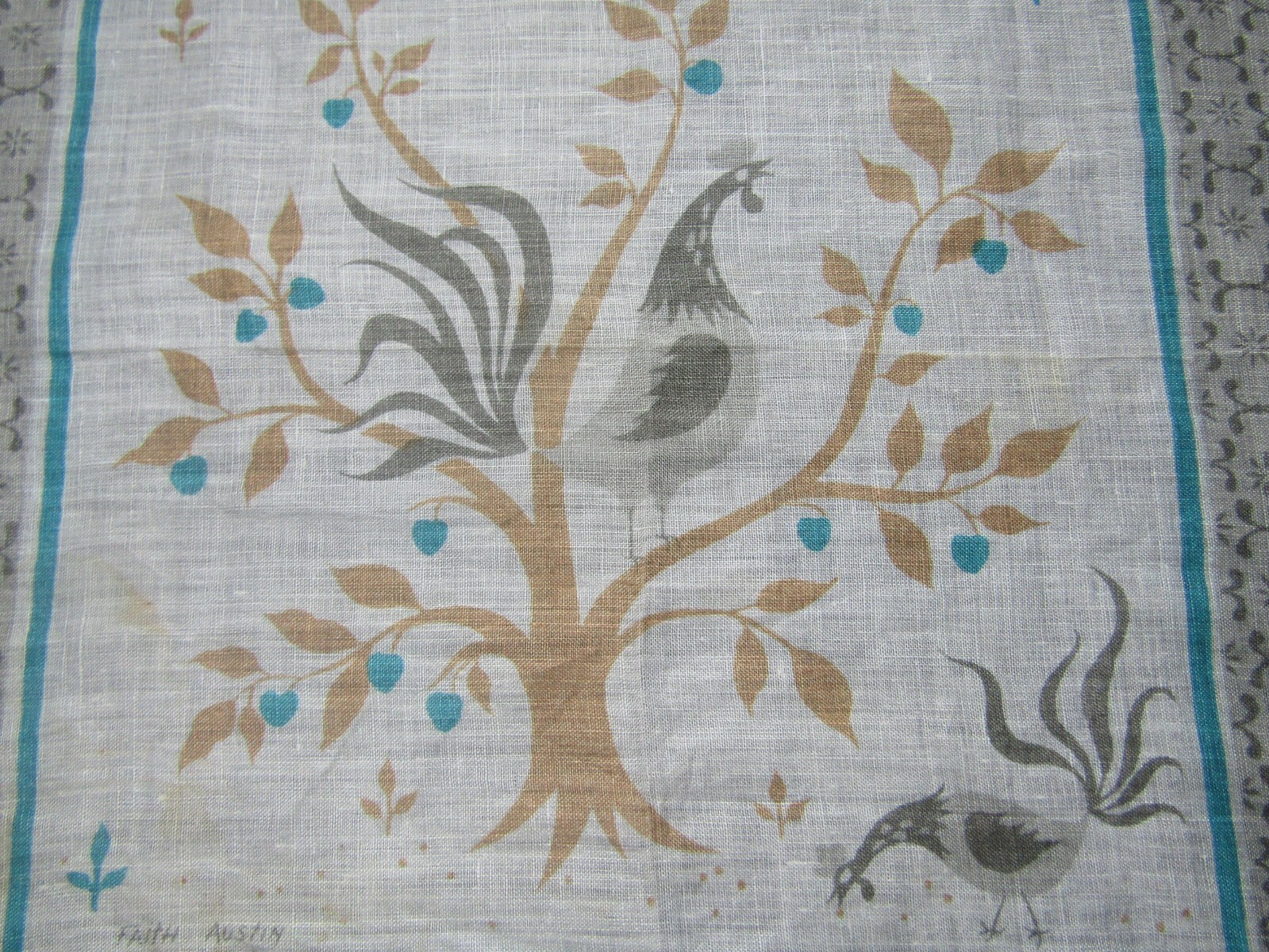 Faith Austin Hankie Print Tree Chicken Rooster Handkerchief Vintage Hanky HK1210