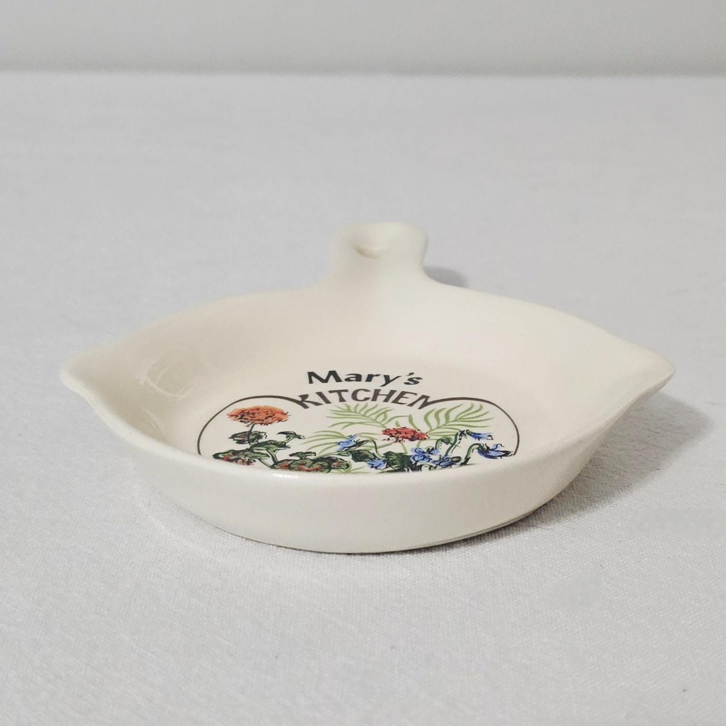 Vintage Ceramic Skillet Spoon Rest, Mary’s Kitchen, Floral Wall Hanging Trivet