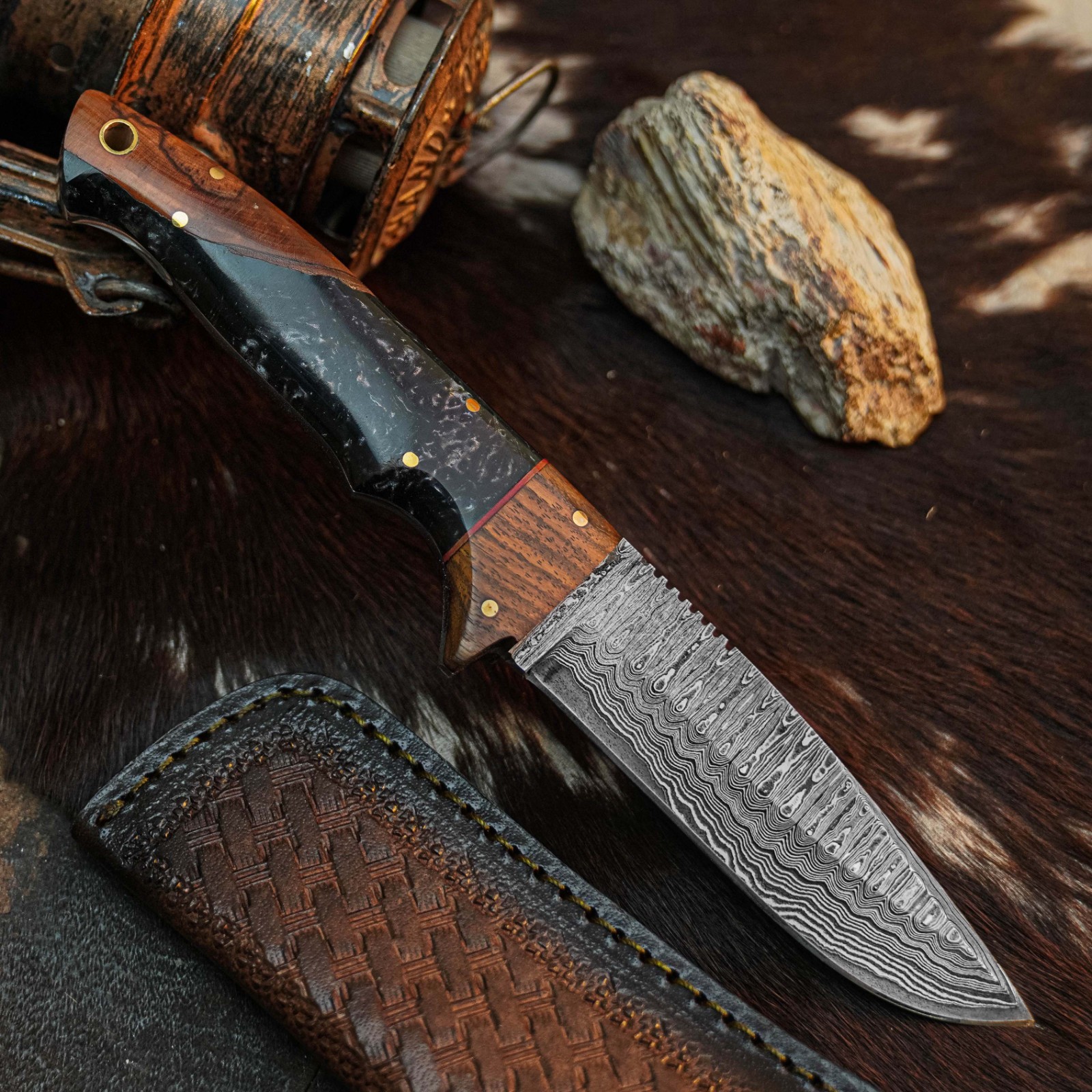 8.8 Clip Point Knife Damascus Steel Hunting EDC Full Tang Blade Hybrid Handle