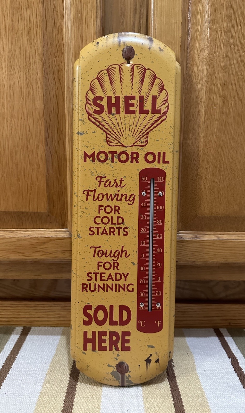 Shell Motor Oil Thermometer Sign Sold Here Gas Garage Vintage Style Wall Decor