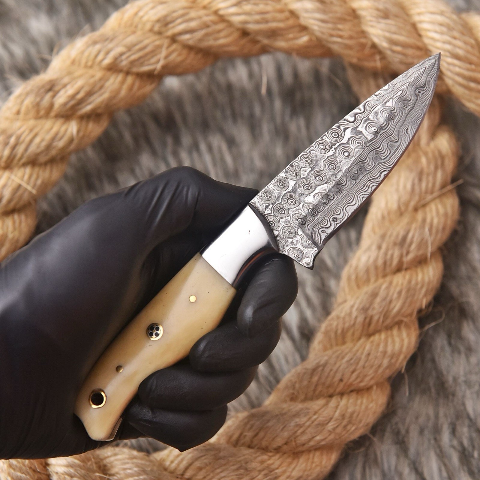 Custom Handmade Damascus Steel Fix Blade Skinning Knife Camel Bone Handle