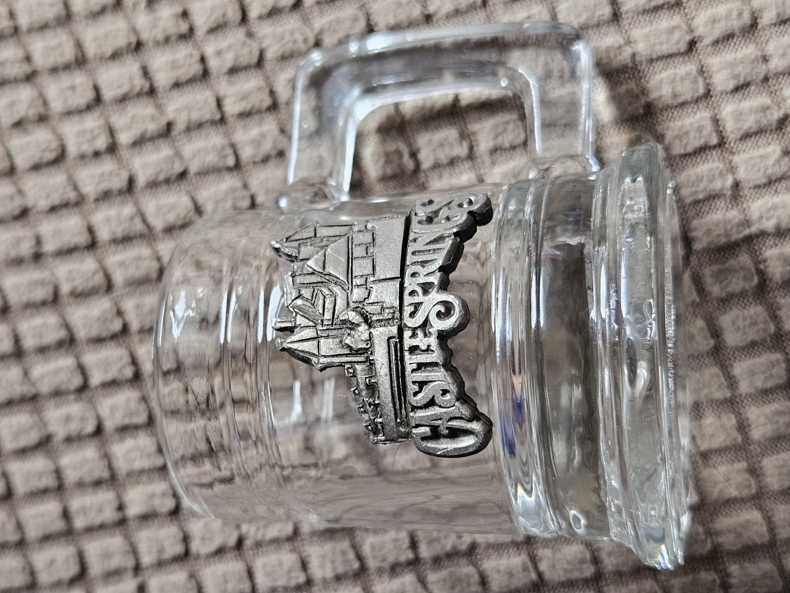 Sm Glass Mug Style Souvenir Shot Glass Pewter Like Emblem Attached CastleSprings