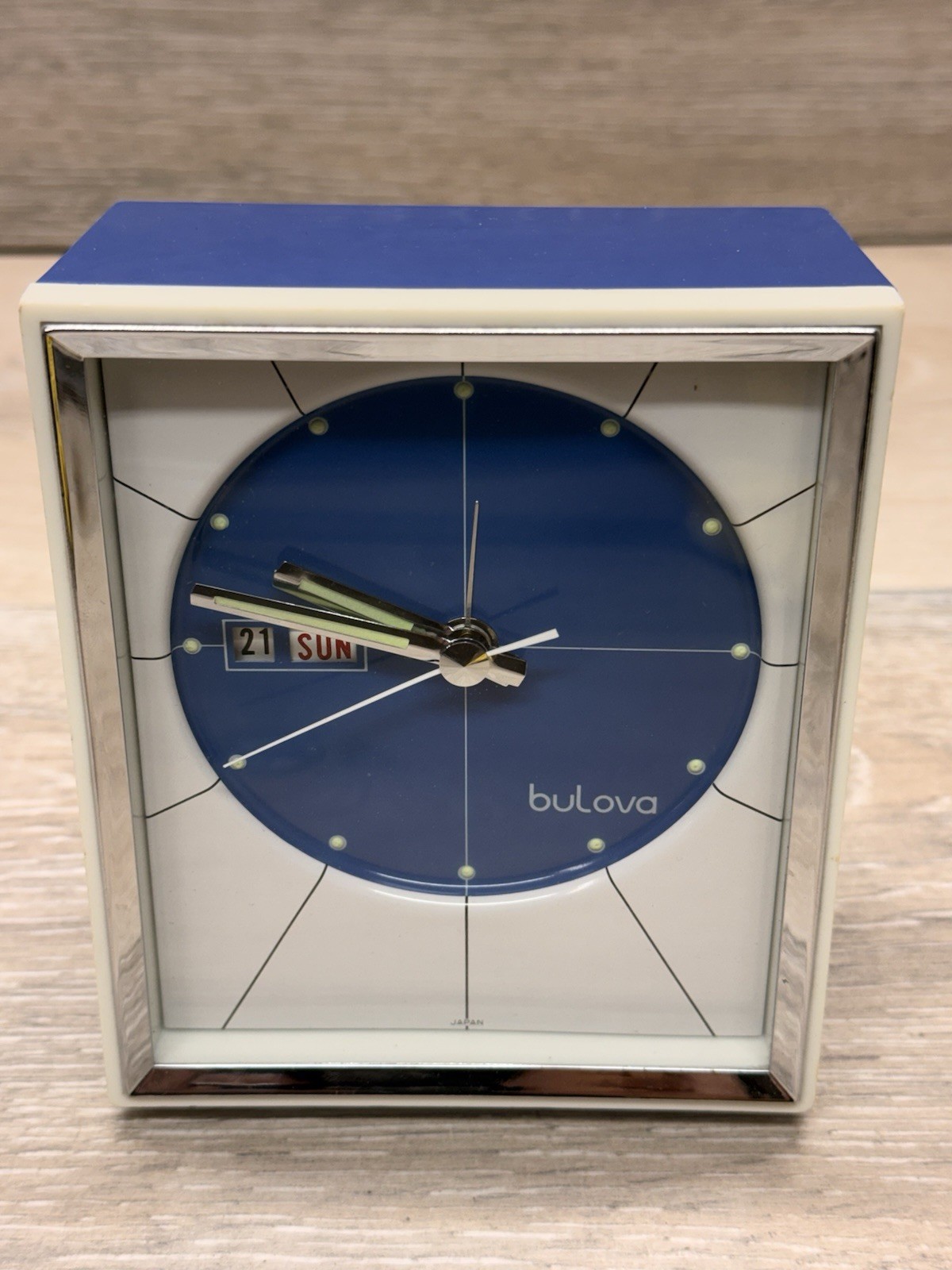 BULOVA Mid-Cent. Alarm Clock RARE BLUE #51103 Analog Wind Up Day Date Works