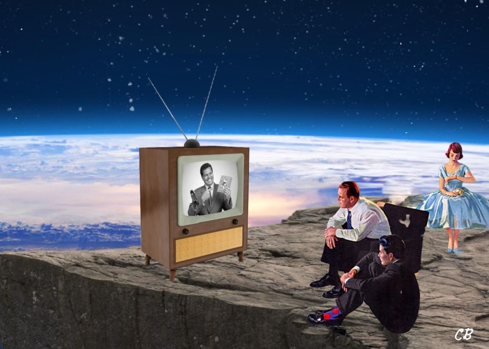 Nuclear Family on Edge | ACEO Art Card | Surreal Collage | Retro Sci-Fi