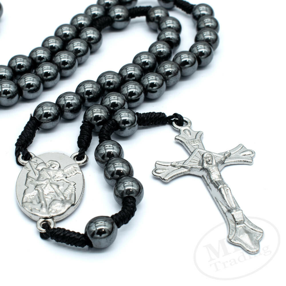 Saint St Michael Medal 12″ Cord Rosary Black Hematite Beads Rosario San Miguel