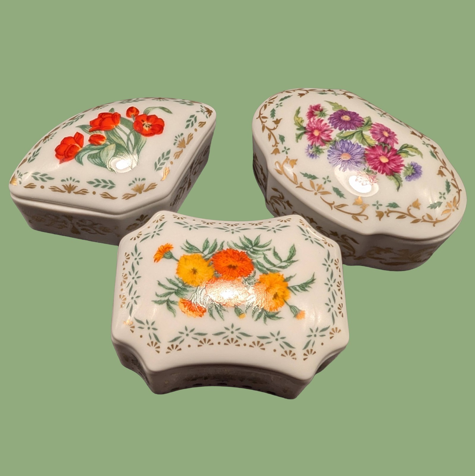 Limoges Porcelain Floral 24k Gilded Trinket Box Lot Tulip Marigold China Aster