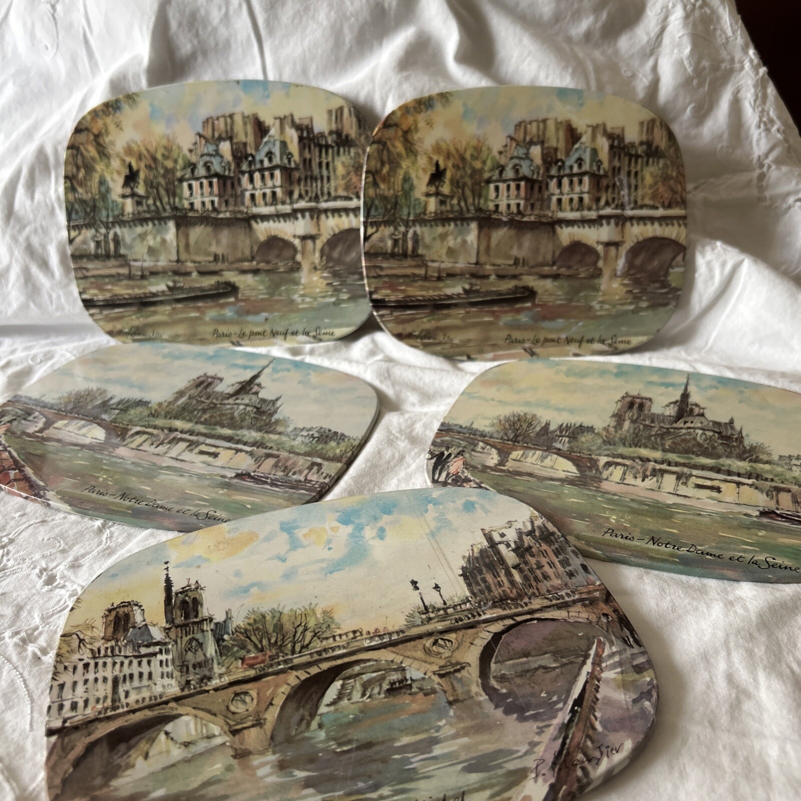 Vintage Paris Seine Themed Placemats. Small Metal Placemats With Cork Back. 5