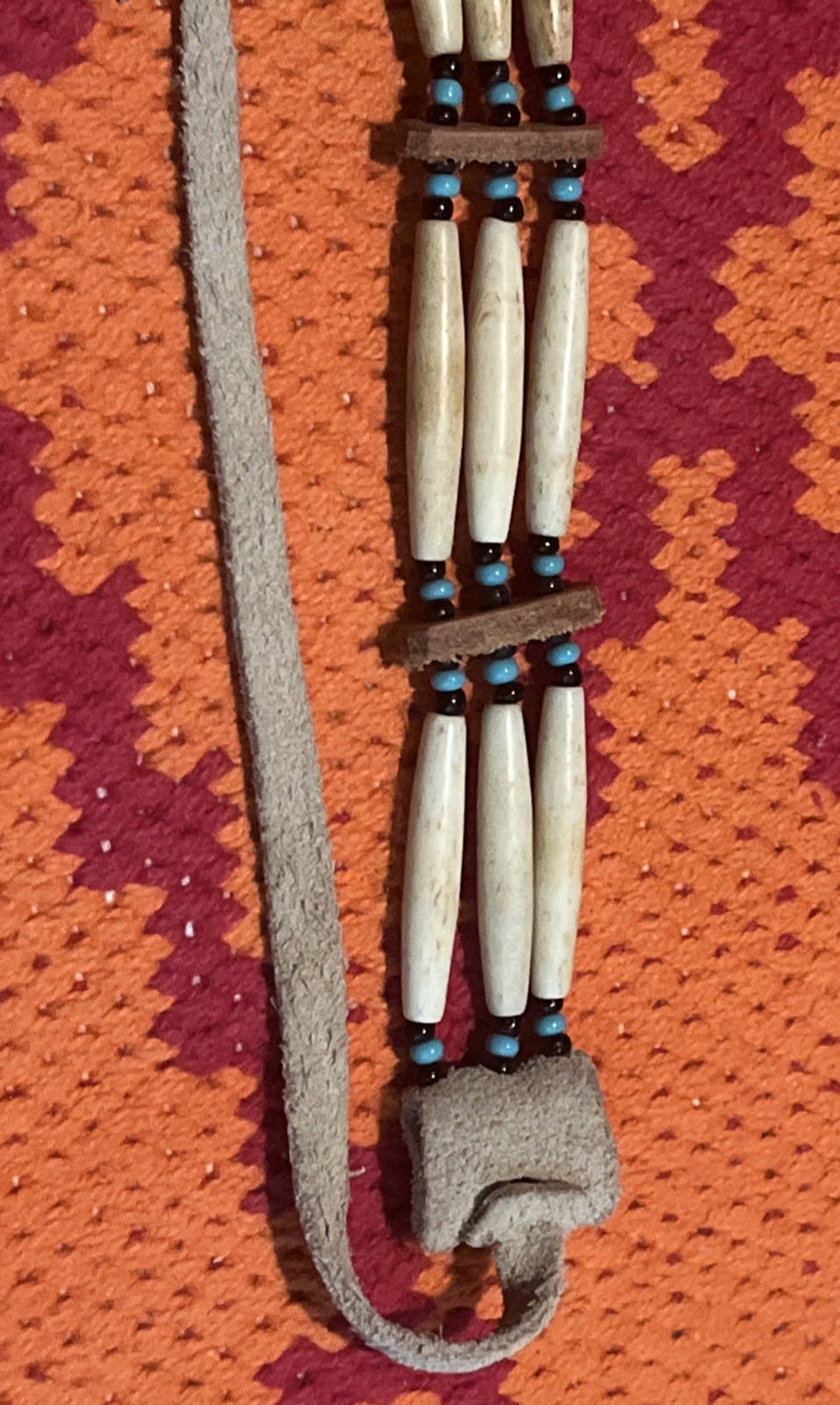 Native American Style Handmade~Bone & Bead Choker Necklace with Leather Ties