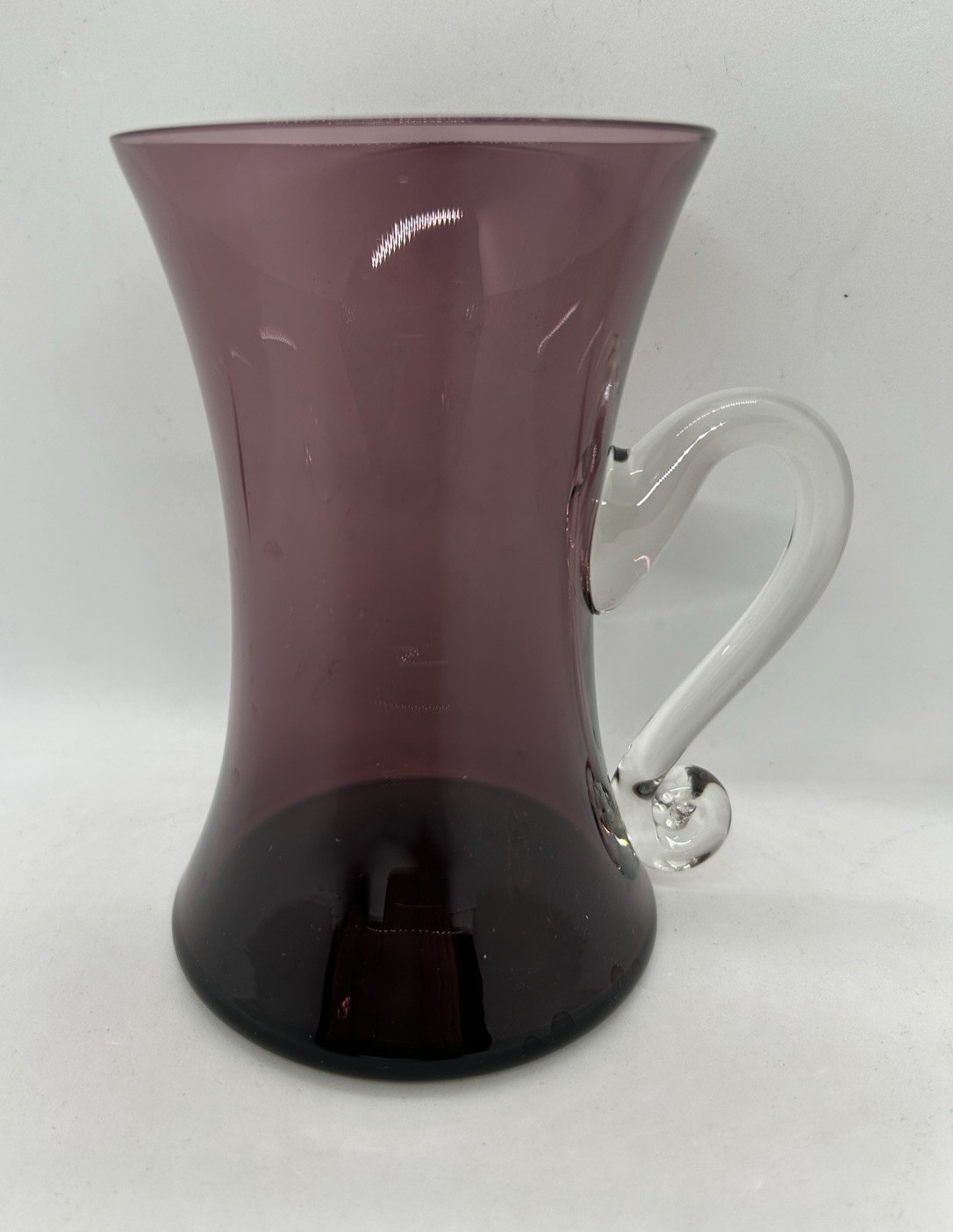 Vintage Enesco Japan Hand Blown Glass Purple Amethyst Mug Vase w/ Clear Handle
