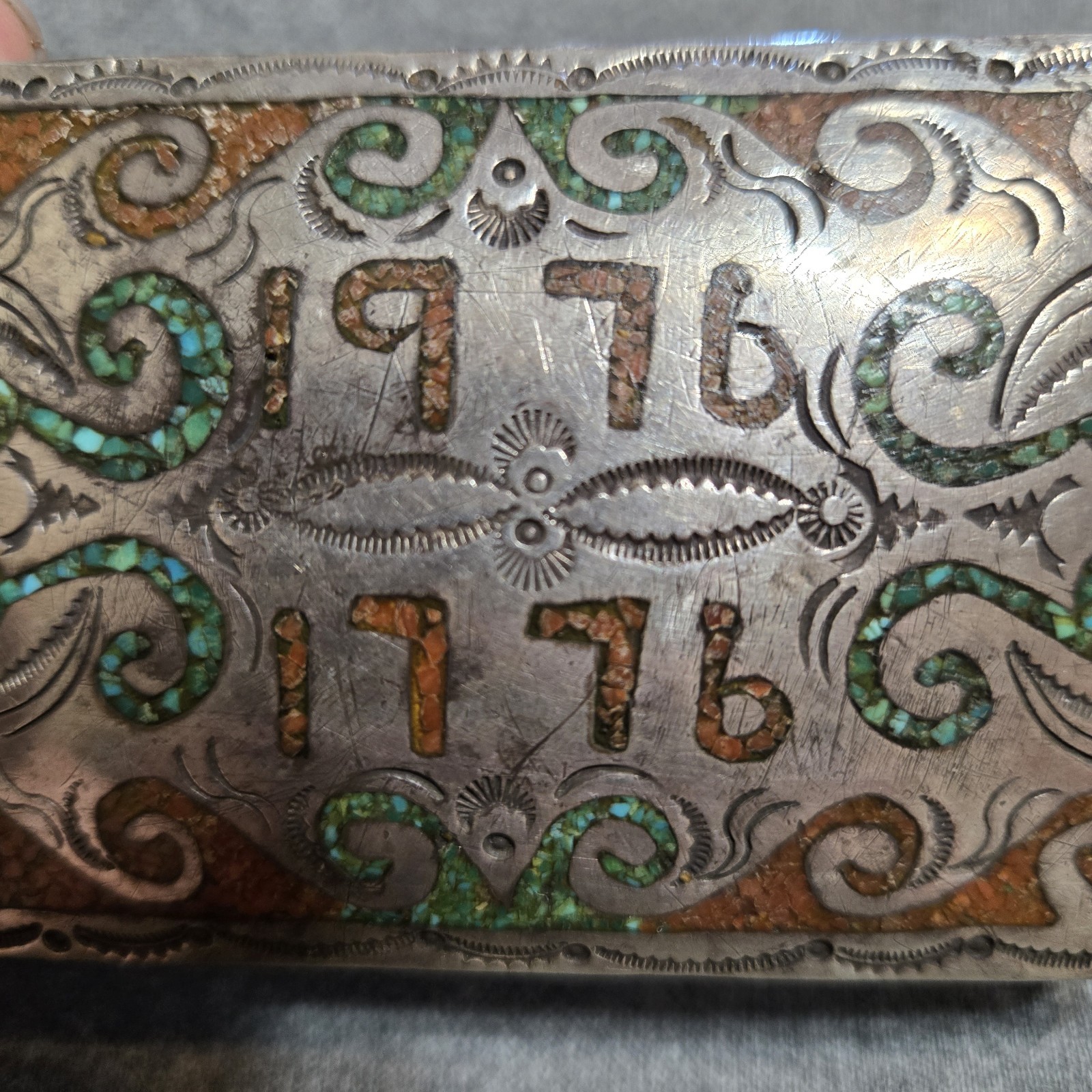 Vtg Native American Silver Belt Buckle Coral Red And Turquoise Chip Inlay 1976