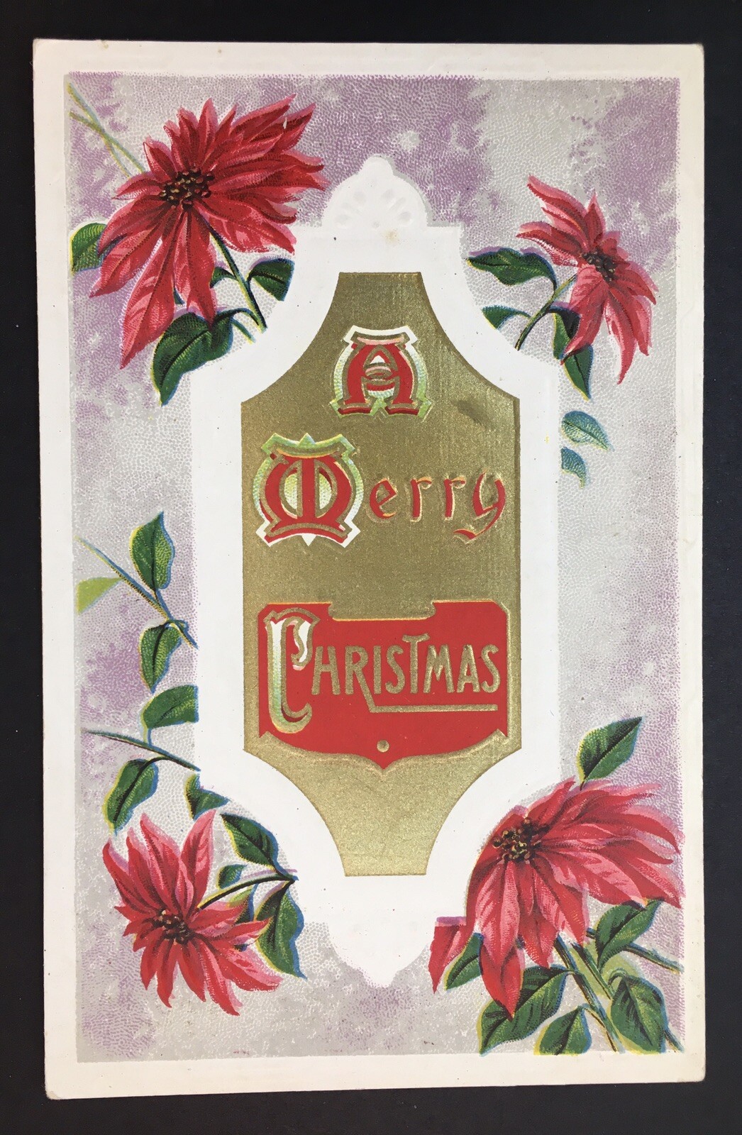 Antique Merry Christmas Greeting Card Pre 1920 Divided Back Poinsettia Embossed