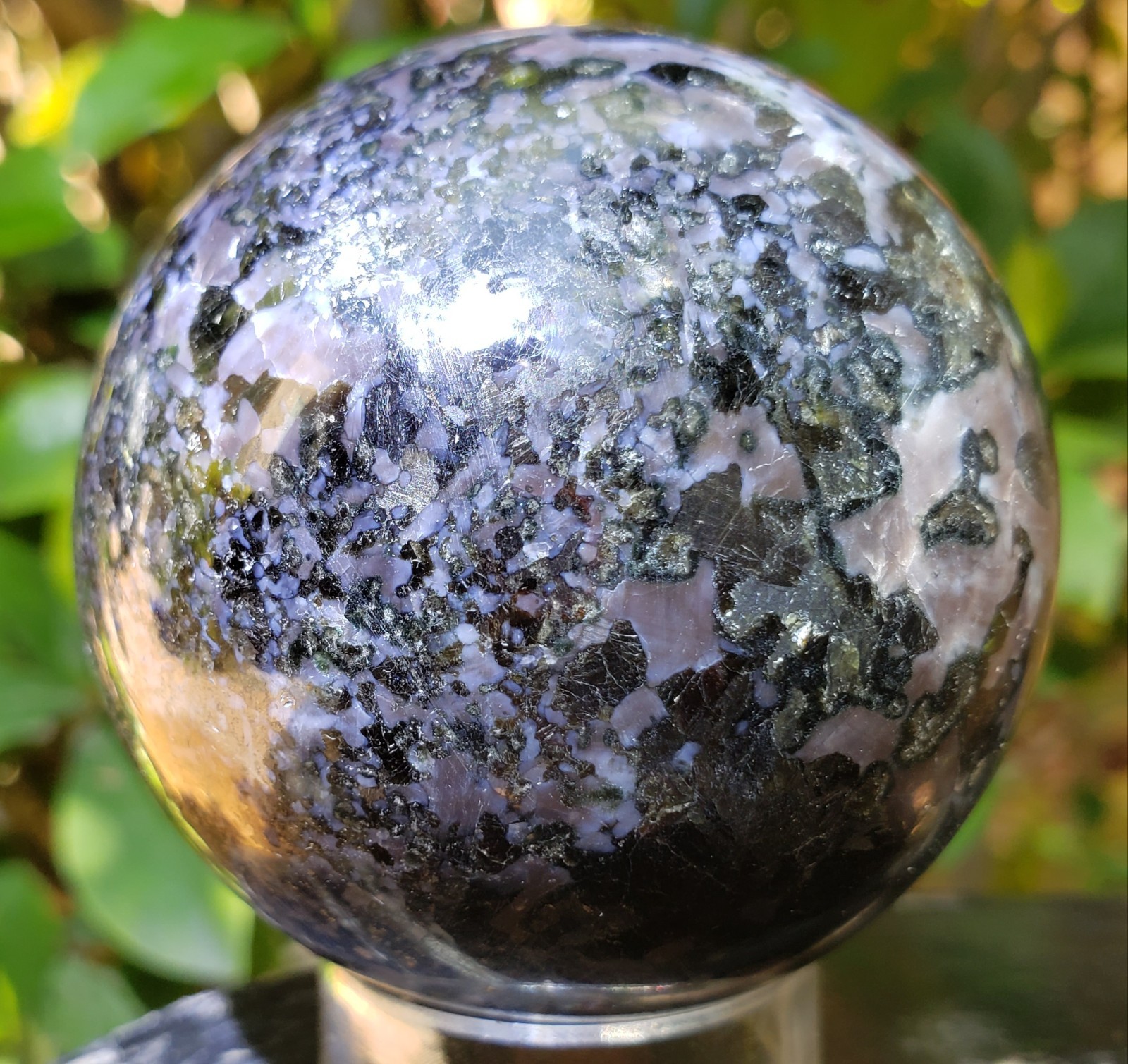 2.25″ Indigo Gabbro Mystic Merlinite Blizzard Stone Crystal Sphere Scratch