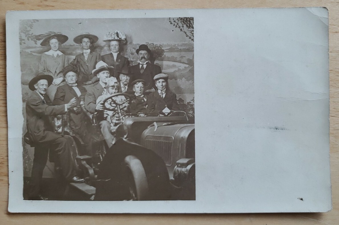 1910 Car RPPC antique auto w 10 people + baby, PMC postcard, Unposted
