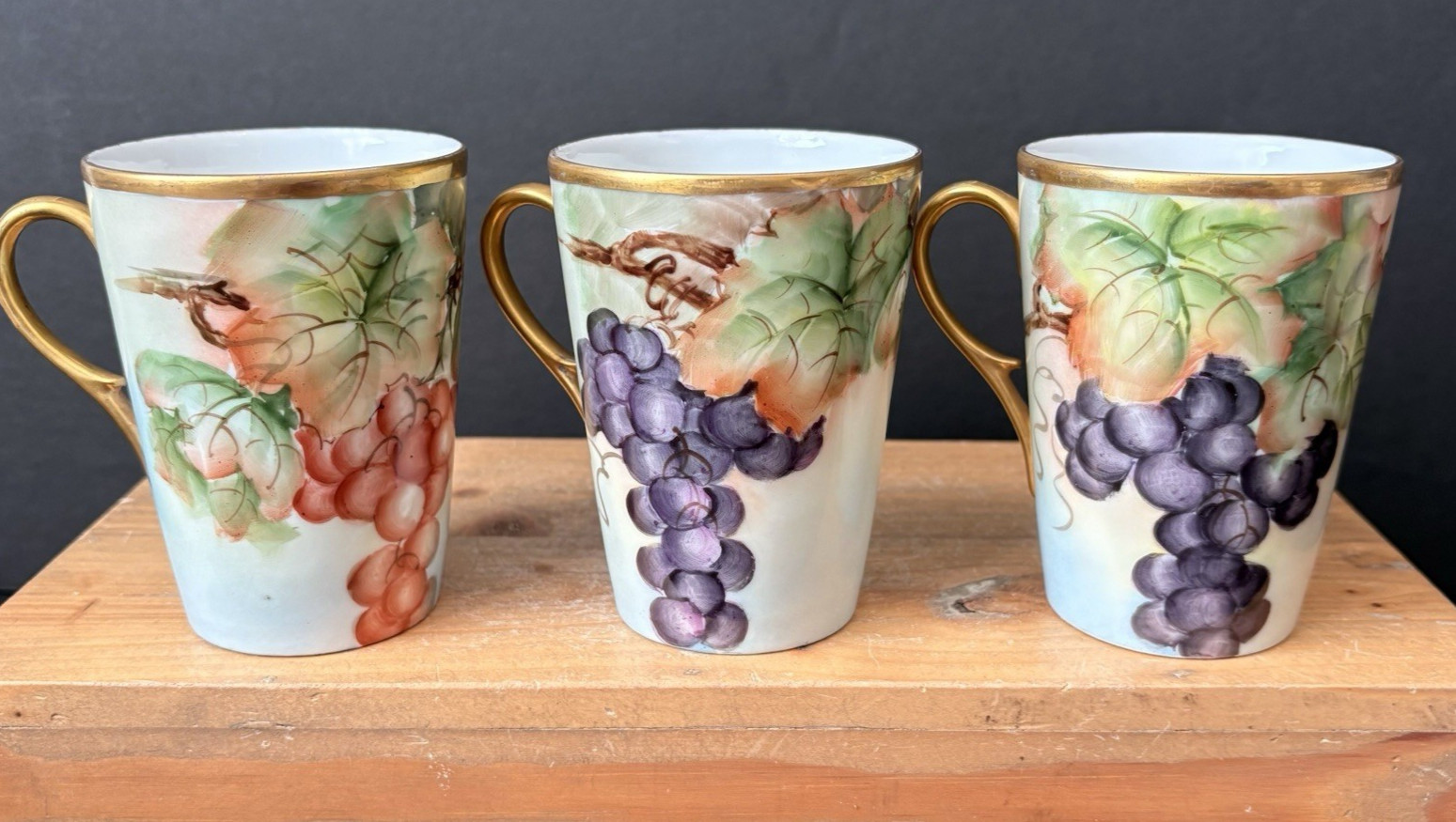 WG & Co Limoges France Set of 5 Mugs Hand Painted Cup 8 oz Grapes Vintage