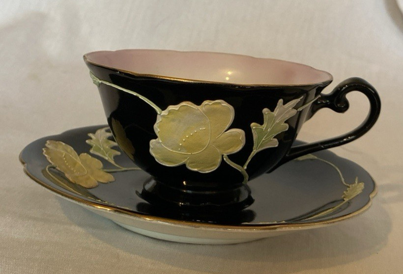 Vtg Merit Tea Cup & Saucer Black W/ Yellow Flowers 3D Hand painted Japan China