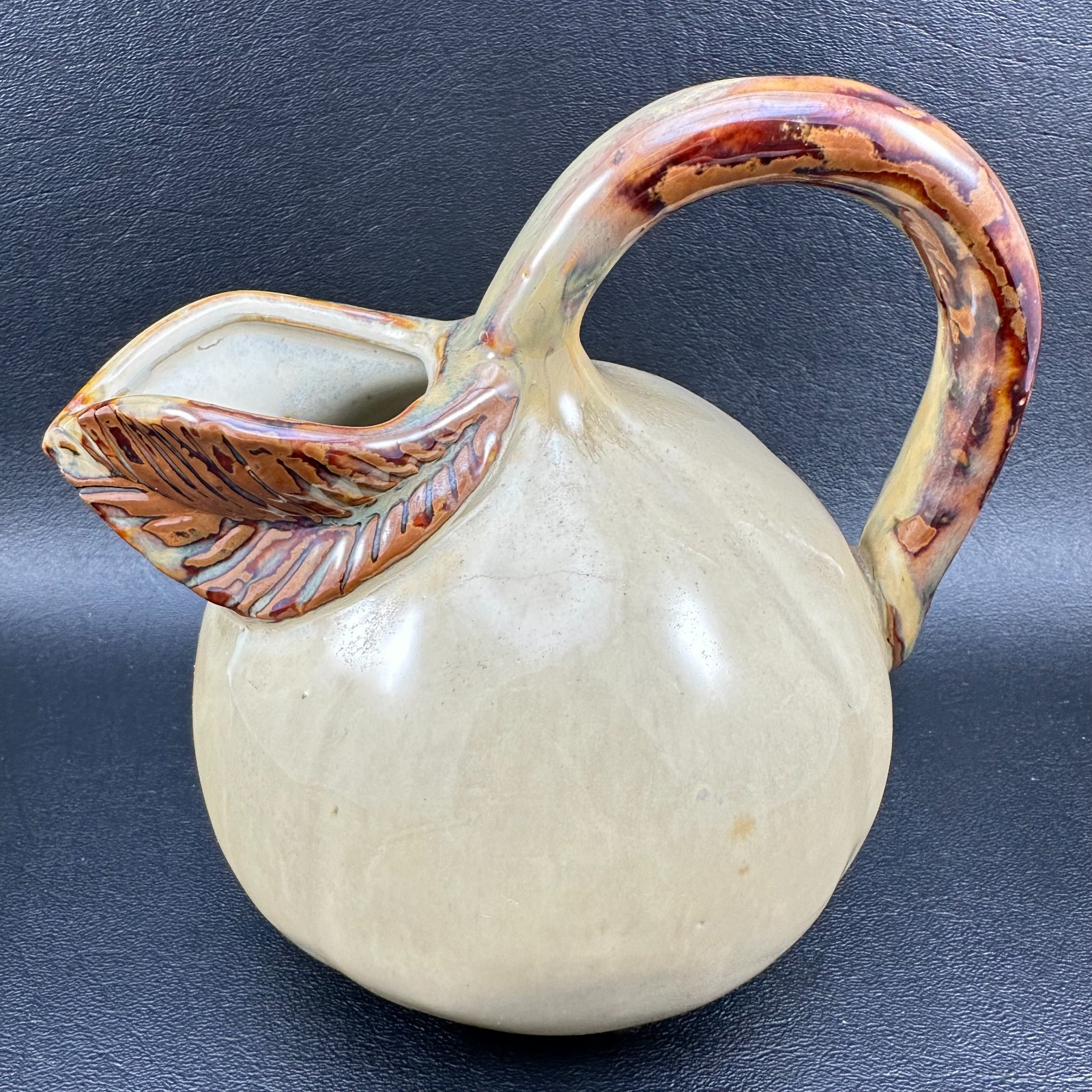 Gourd Pumpkin Pitcher Pottery Leaf Spout Rustic Famhouse Browns Autumn Fall 6.5″