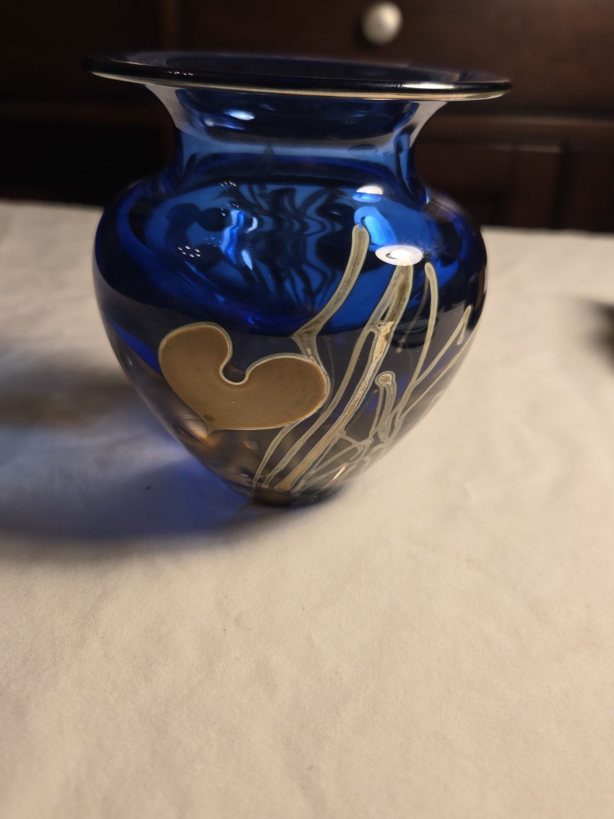 Signed 1994 Hand Blown Cobalt Blue Art Glass Vase Gold Enamel Hearts