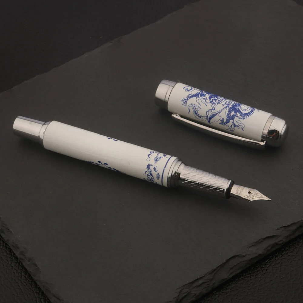Jinhao 955 Fountain Pen & Converter, Medium Nib, Porcelain Design, Blue Dragon