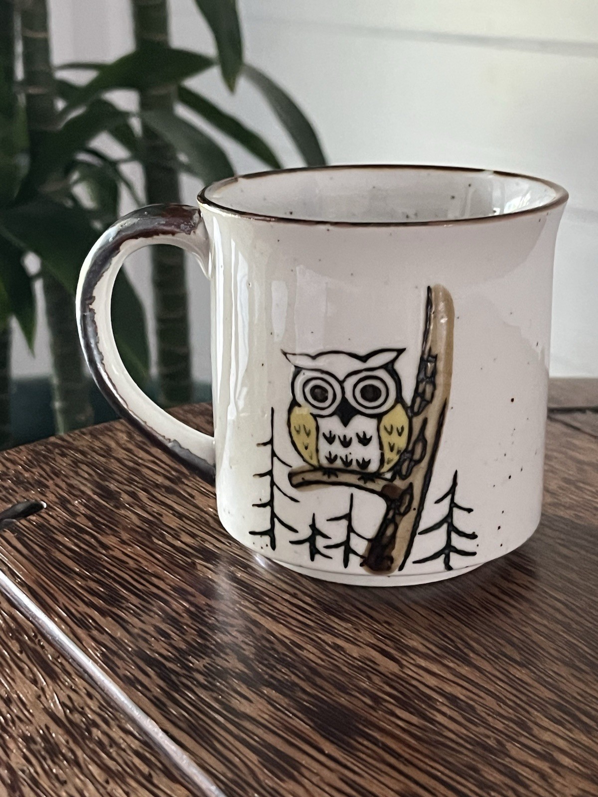 Vintage Owl Mug Cup Otagiri Speckled Stoneware MCM Cream & Brown Owls 8 Oz
