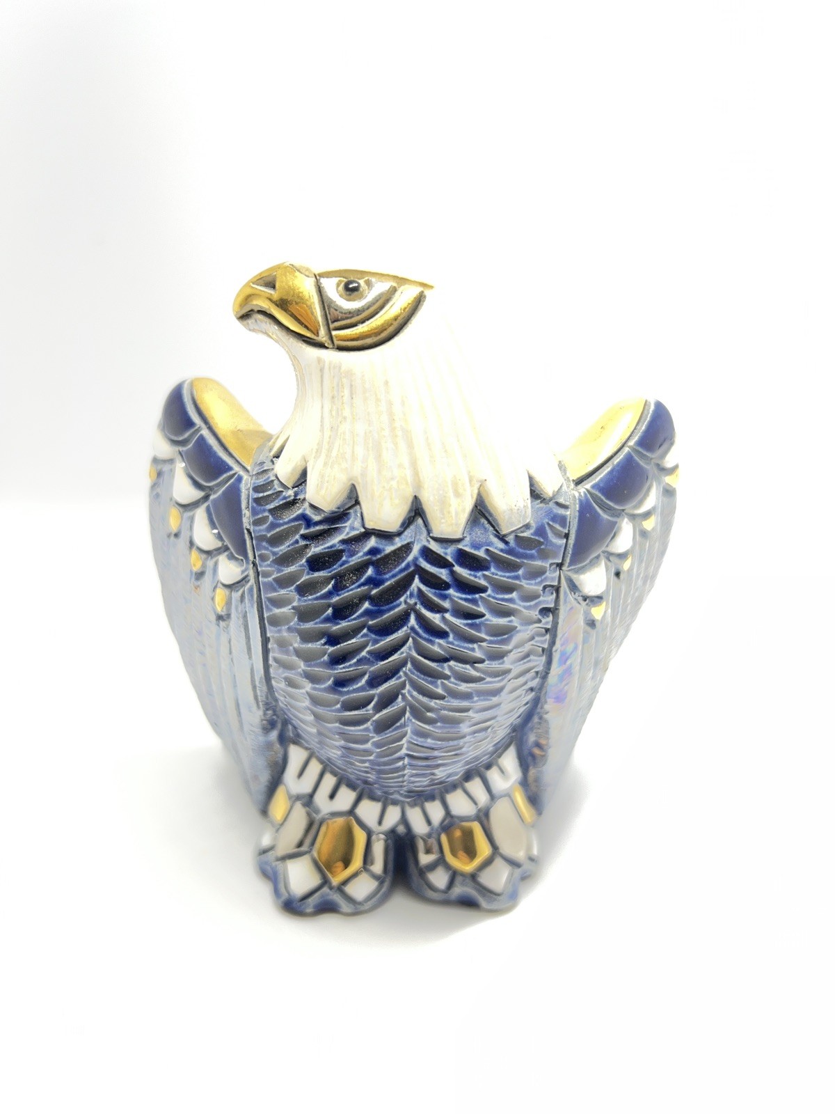 Artesania Rinconada Eagle 18K Gold Blue Glazed Figurine Uruguay 4.5 Inches #734