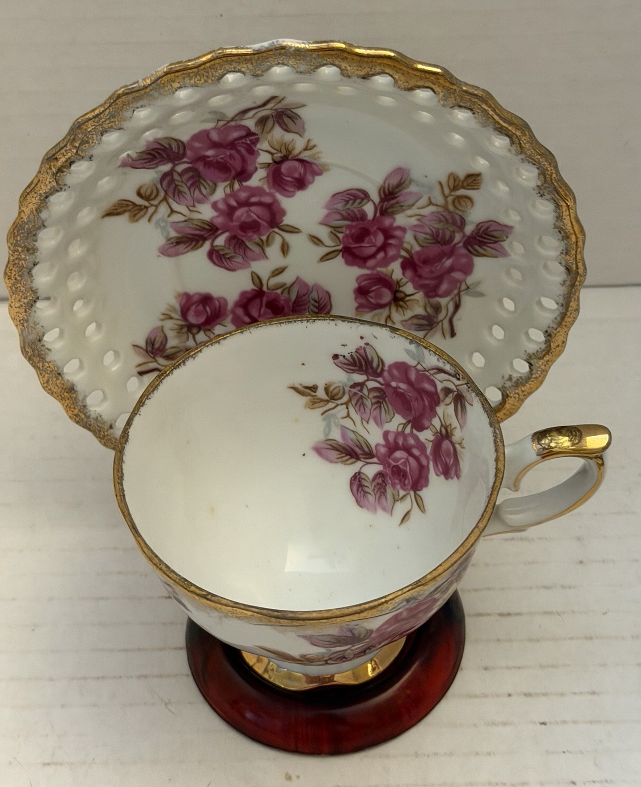 Vintage Porcelain Tea Cup and Saucer with Purple Floral Pattern and Gold Trim