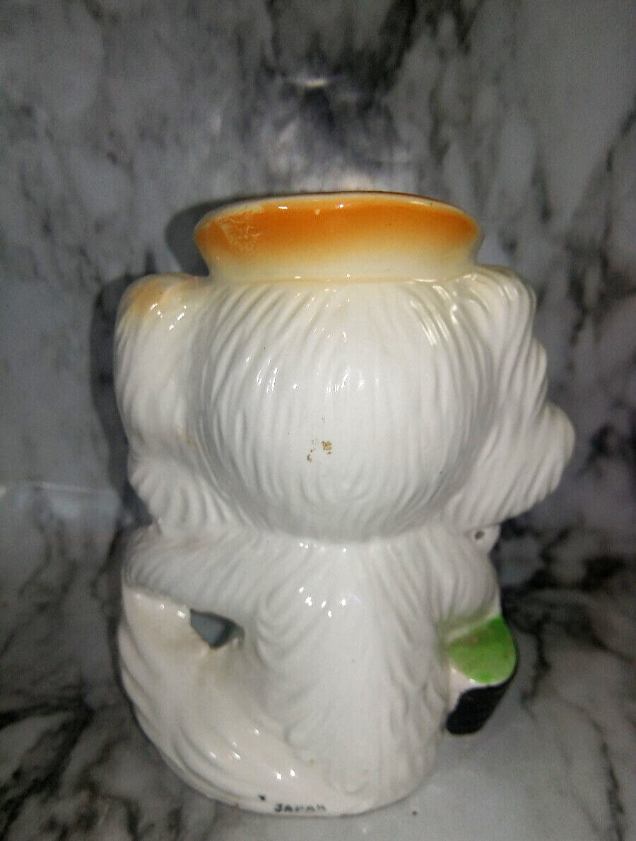 Vtg Anthropomorphic Dog Japan Ceramic Figurine Pink white black w Yellow Hat Bow