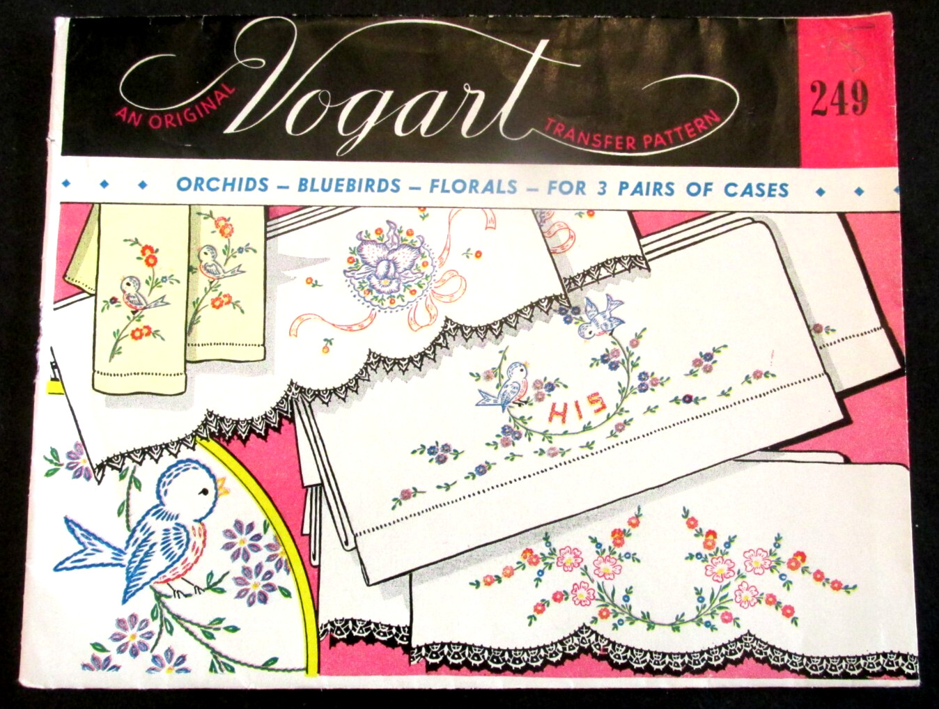 Vintage Vogart Original Transfer Pattern No. 249 Orchids Bluebirds Florals