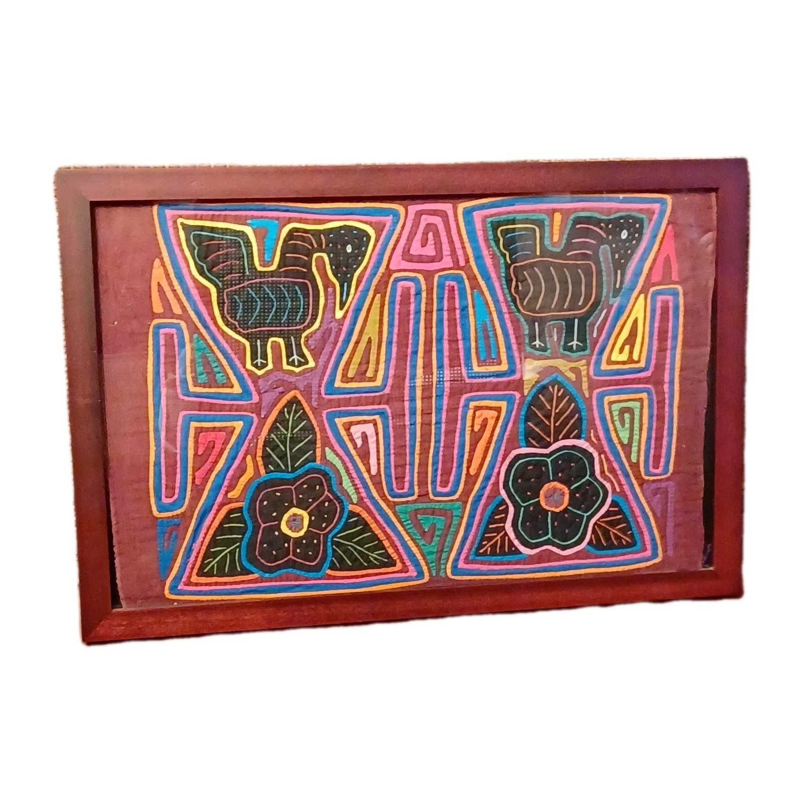 Framed Kuna Mola Textile Birds & Flowers 18x12in