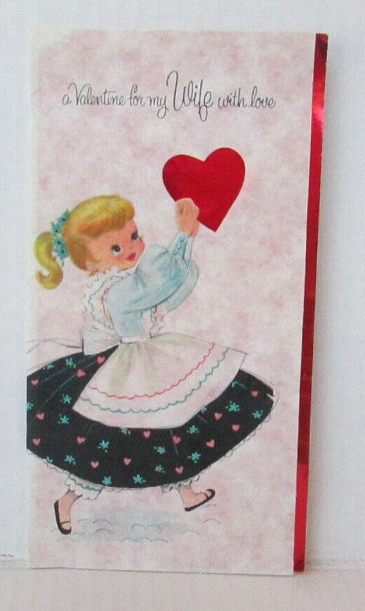 SWEET GIRL HOLDING HEART Vintage AGC Valentine Greeting Card 1950’s 1960’s OS5