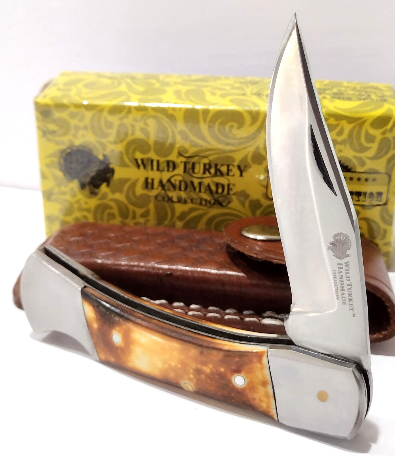 Wild Turkey Clip Point Blade Smooth Burnt Bone Lockback Hunting Knife + Sheath