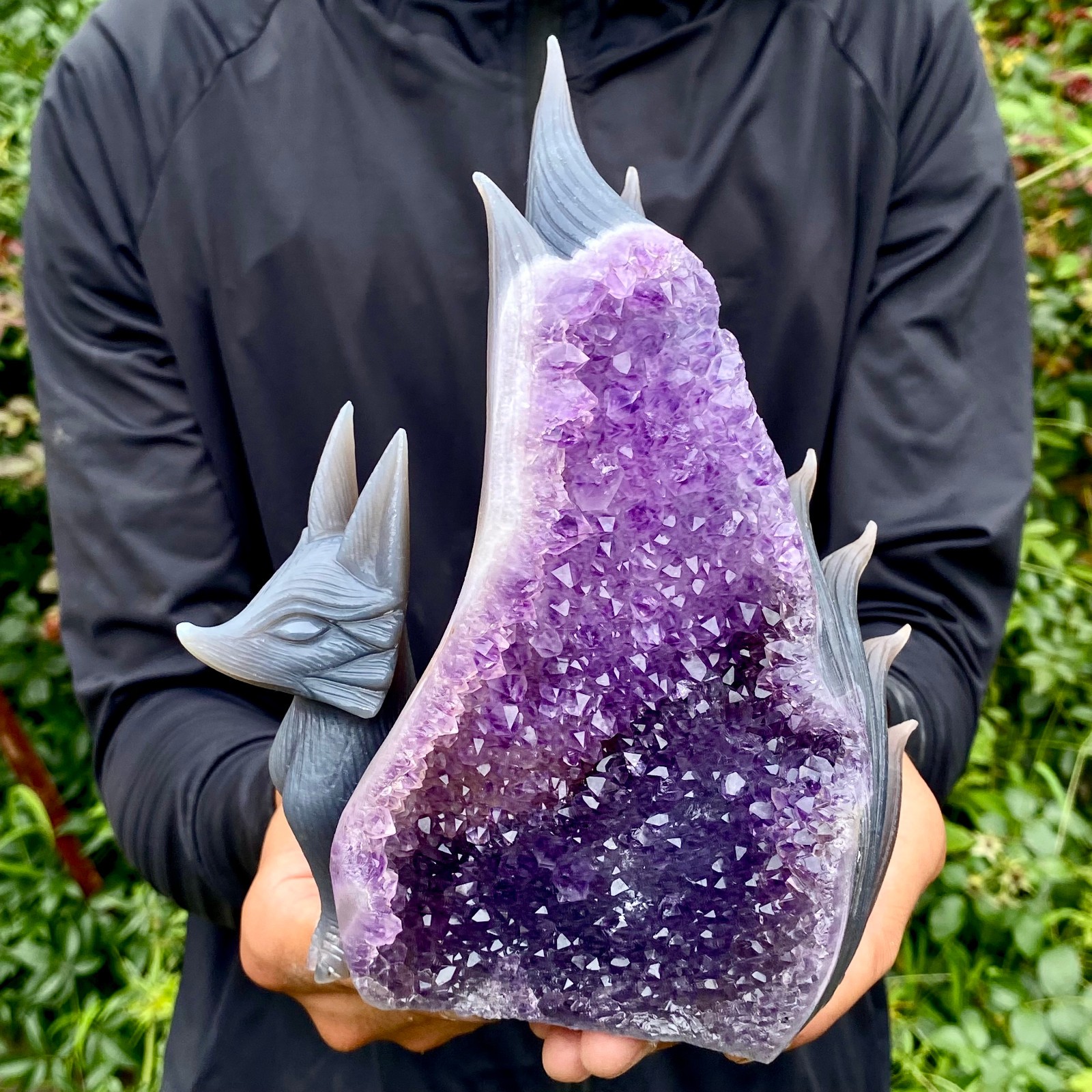 2.5LB Natural Amethyst Geode Hand Carved Nine-tailed Fox Quartz Crystal Decor