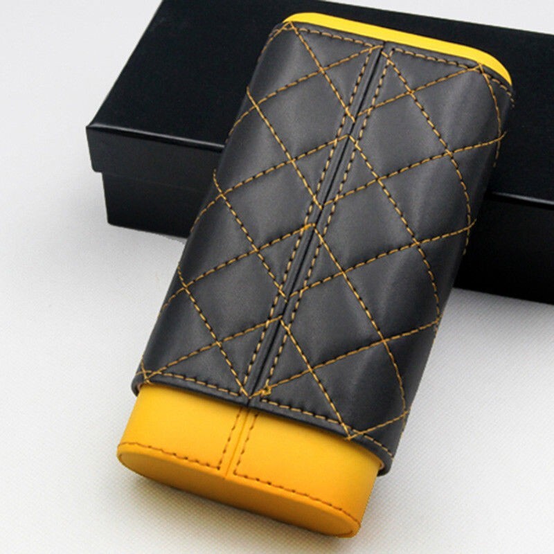 Portable Yellow Black Leather Cedar Wood 3 Ct Cigar Case Holder Travel Humidor