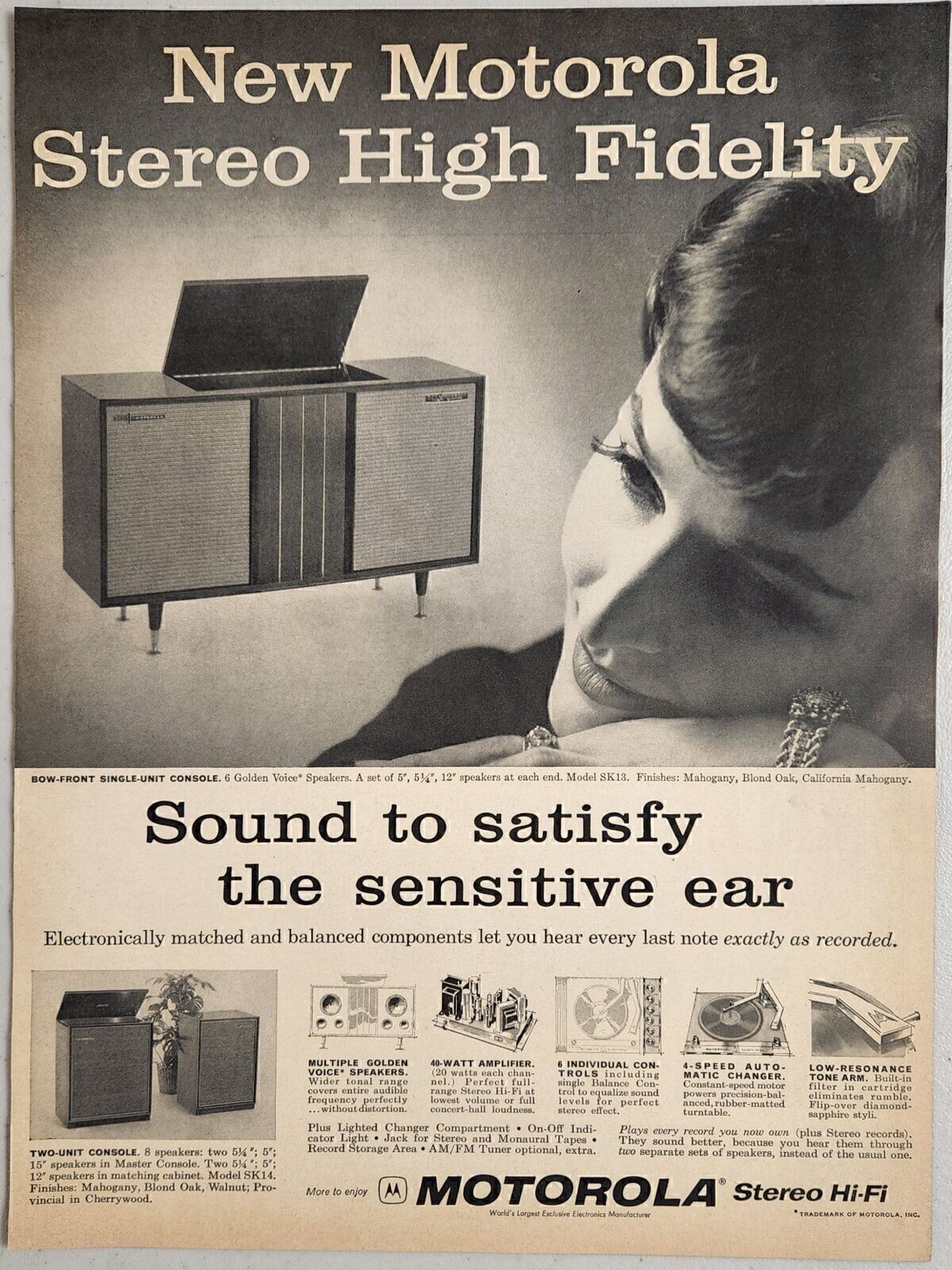 1959 Print Ad Motorola Stereo High Fidelity Phonograph Single Unit Consoles