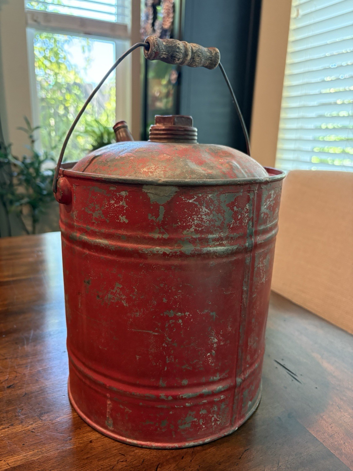 Antique 1 gal. Gasoline Can w/ Wood Handle 1940s Nice Spout Vtg Screw Cap
