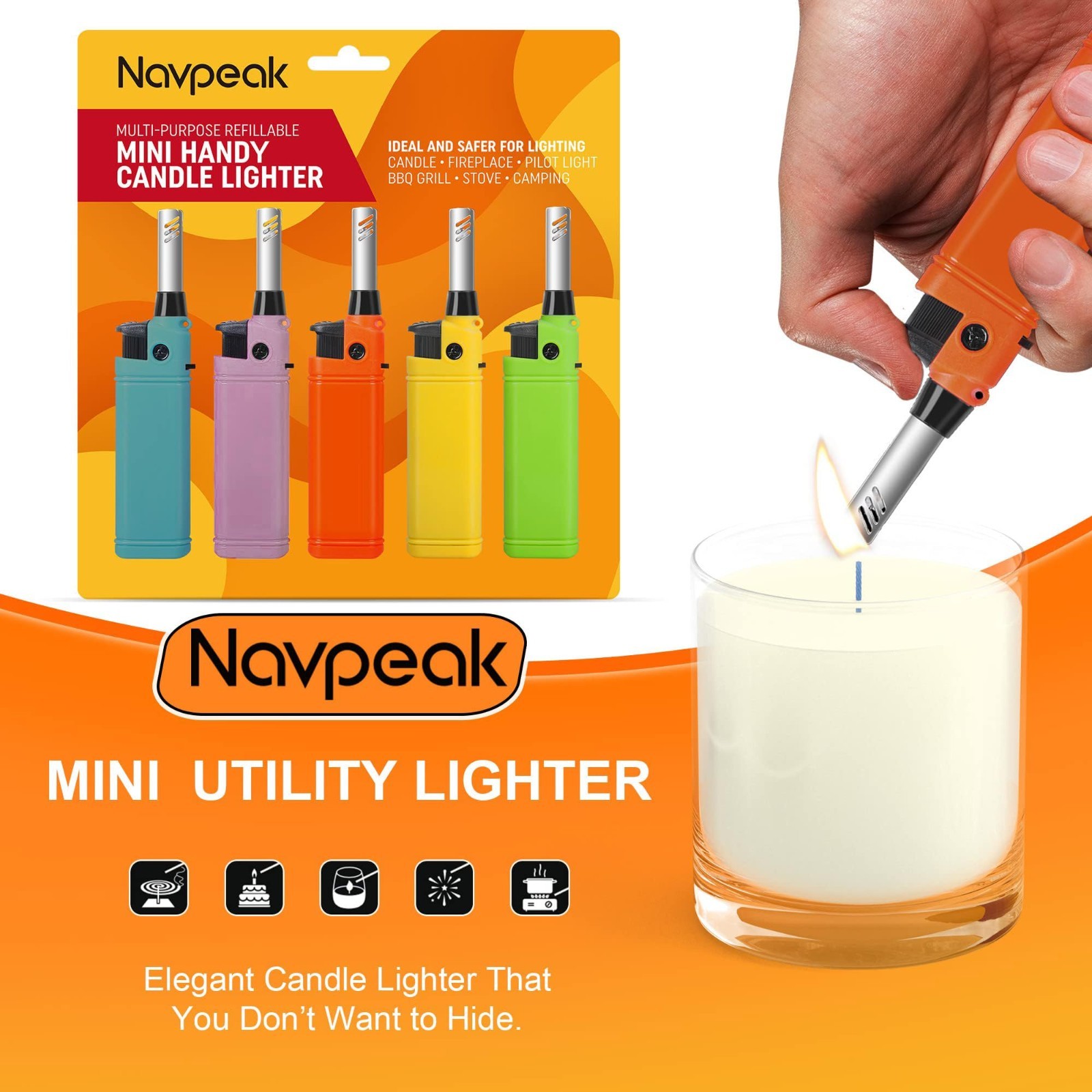 Mini Candle Lighter 5 Pack Refillable Long Neck Butane Gas Lighters for Stove