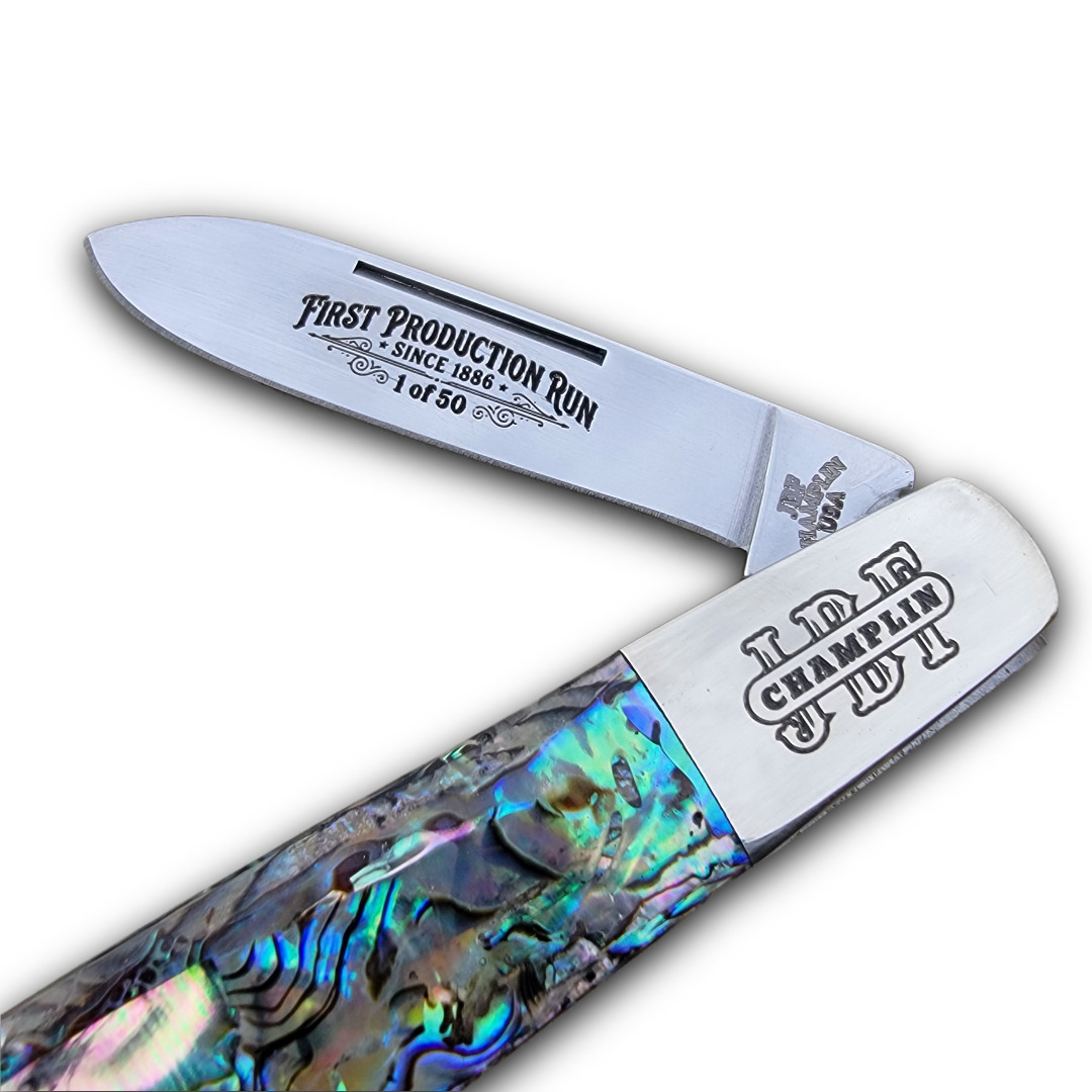 J.B.F. CHAMPLIN CUTLERY KNIVES USA 2026 ABALONE TEARDROP BARLOW KNIFE 50 MADE