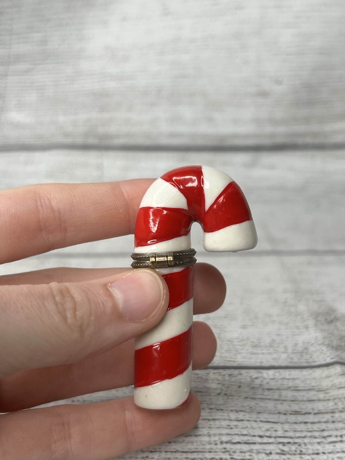 VTG PHB Style Candy Cane Porcelain Hinged Trinket Box W/ Toy Soldier Trinket