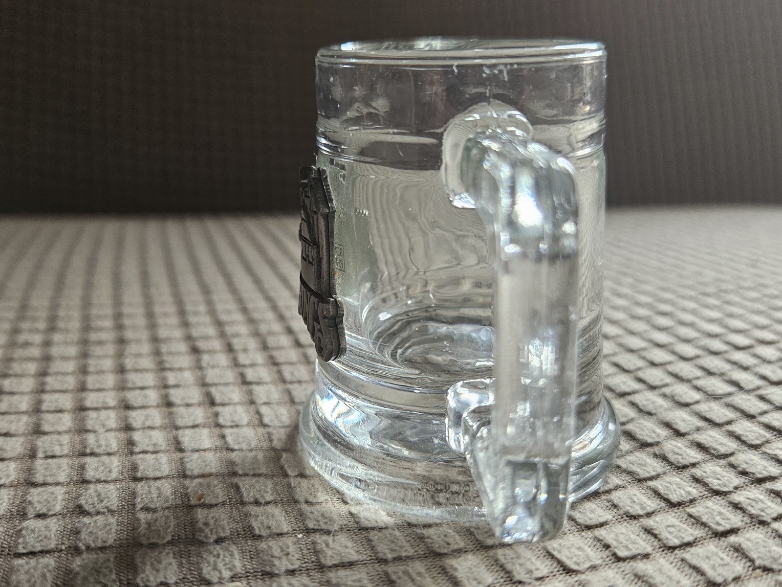 Sm Glass Mug Style Souvenir Shot Glass Pewter Like Emblem Attached CastleSprings