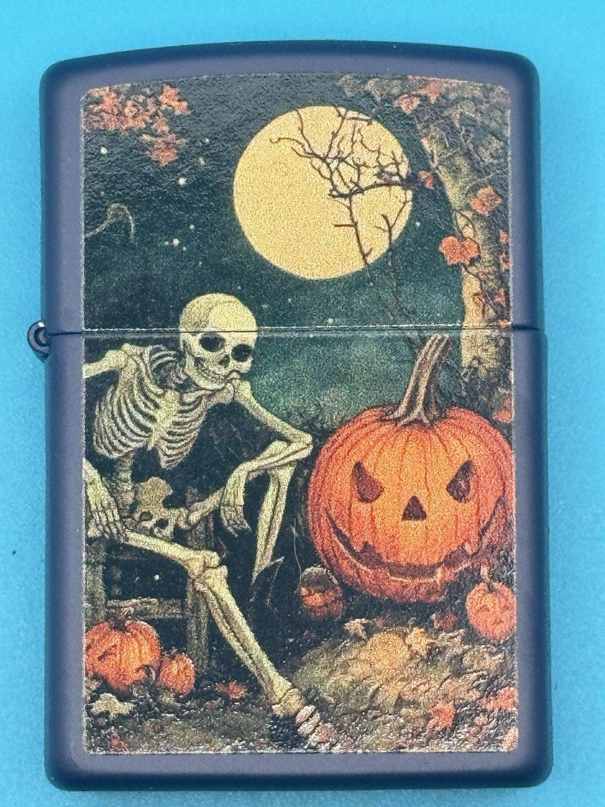 Vintage Halloween Pumpkin Skeleton Navy Blue Matte Zippo Lighter NEW
