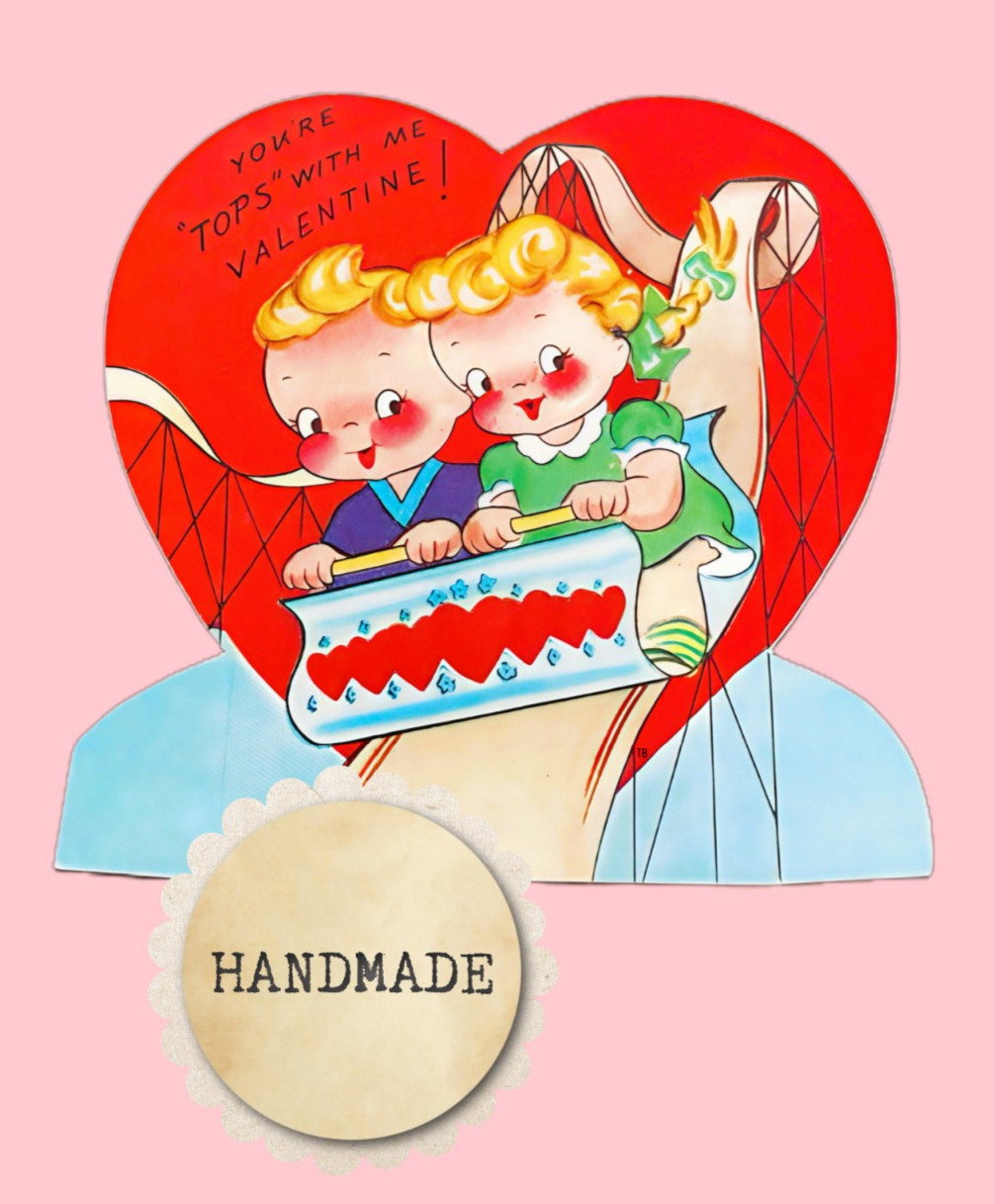 Vintage Style Valentine Card, Roller Coaster Kids “ YOU’RE TOPS WITH ME“