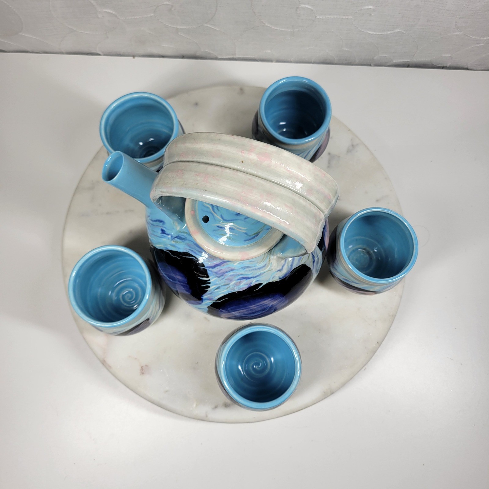 Earline Allen Fine Art Pottery Teapot Set 5 Cups Blue Abstract Artisan Signed