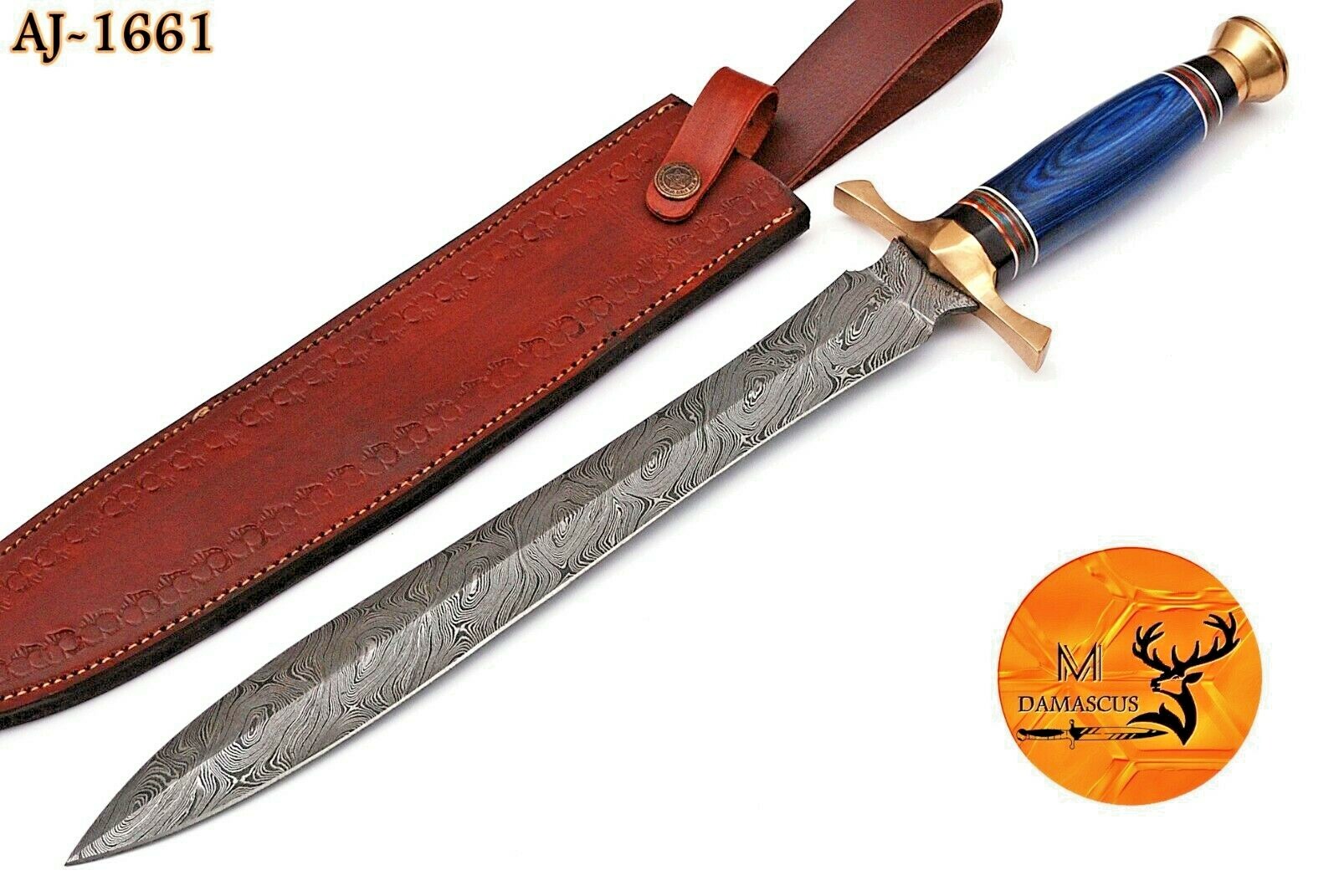 CUSTOM HANDMADE FORGED DAMASCUS STEEL SWORD WITH WOOD & BRASS HANDLE 1661
